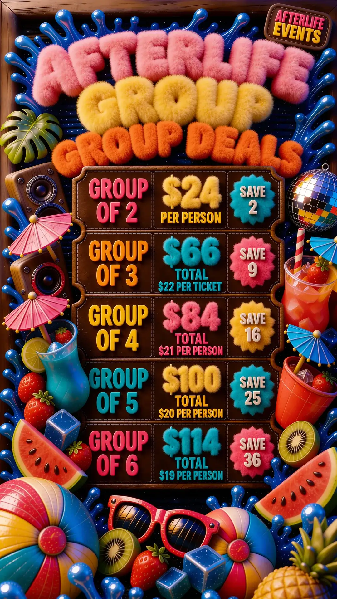 Group deals — $24 each for 2, down to $19 each for a group of 6