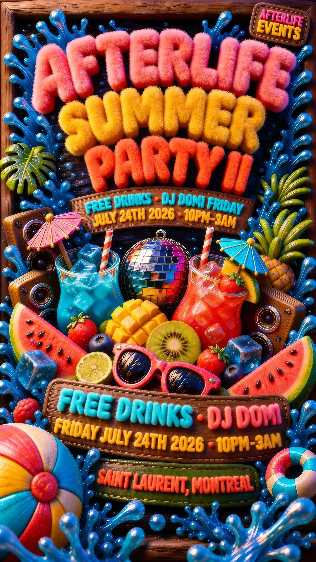 Afterlife Summer Party II — Free drinks, DJ Domi, Friday July 24 2026, 10PM–3AM, Saint-Laurent, Montréal